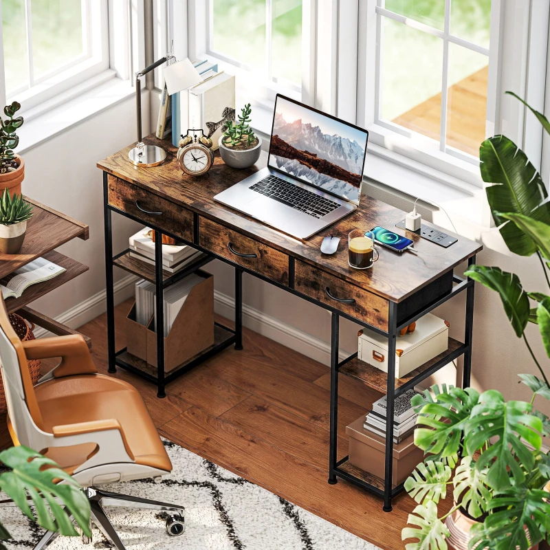 Image of HOMCOM HOMCOM Computer Writing Desk with Power Outlets, Drawers, Shelves, Brown Brown One Size Unisex 5063603911949