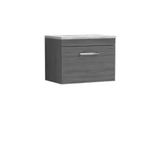 image of Nuie Athena 600 Wall Hung Single Drawer Vanity & Bellato Grey Worktop - Grey Woodgrain