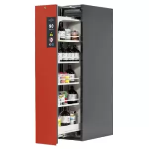 image of asecos Type 90 fire resistant vertical pull-out cabinet, 1 drawer, 4 tray shelves, grey/red