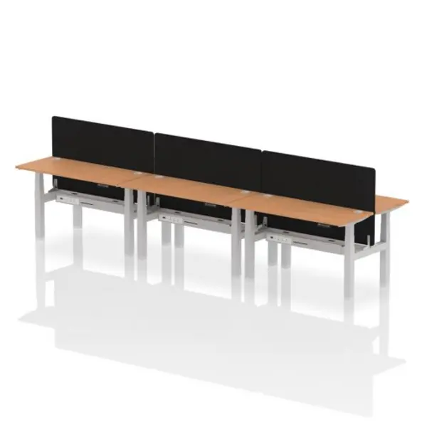 Image of Air Air Back-to-Back 1400 x 600mm Height Adjustable 6 Person Bench Desk Oak Top with Cable Ports Silver Frame with Black Straight Screen HASCP6P14600