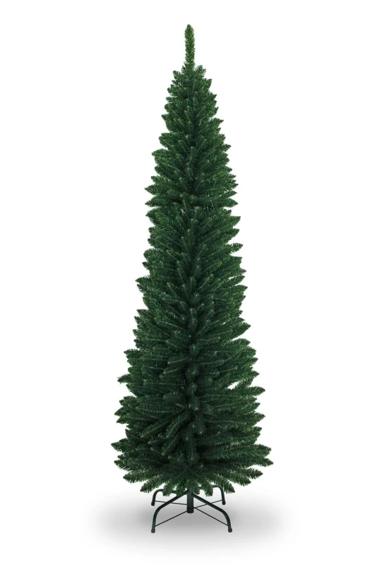 Image of Shatchi 8FT Green Artificial Flocked Slim Christmas Pencil Tree Holiday Home Decorations with Pointed Tips and Metal Stand Green
