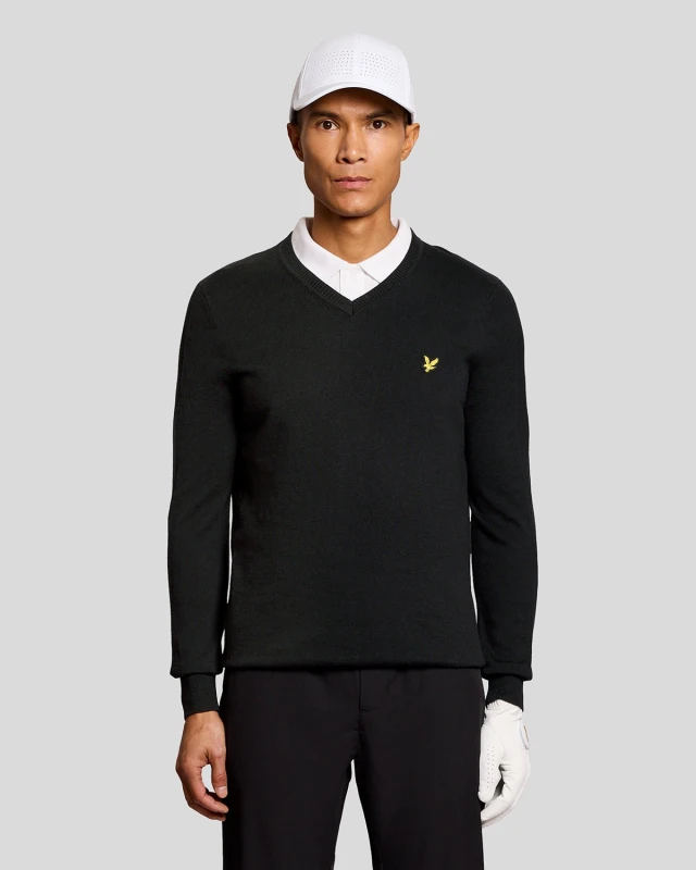 Image of Lyle & Scott Mens Golf Cotton Blend V-Neck Jumper in Black