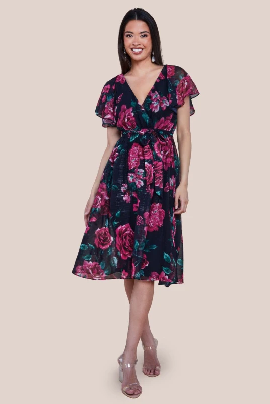 Image of Goddiva Womens butterfly sleeve dress Goddiva Printed Lurex A Line Midi Noir Female 42