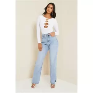 Image of I Saw It First White Diamante Cut Out Double Layer Long Sleeve Bodysuit - White