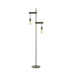 image of Hampton Floor Lamp, 2 Light E27, Medium Oak, Antique Brass