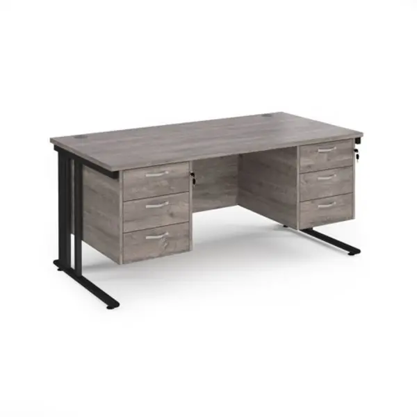 image of Maestro 25 straight desk 1600mm x 800mm with two x 3 drawer pedestals - Black cable managed leg frame, grey oak top