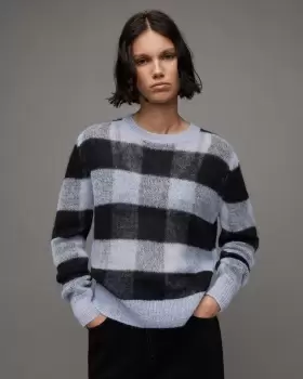 image of AllSaints Renee Checked Crew Neck Relaxed Jumper