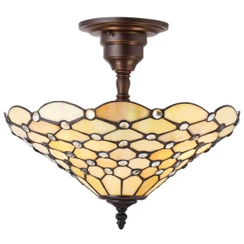 image of Interiors Pearl - 3 Light Medium Semi Flush Ceiling Light Bronze, Tiffany glass, E27