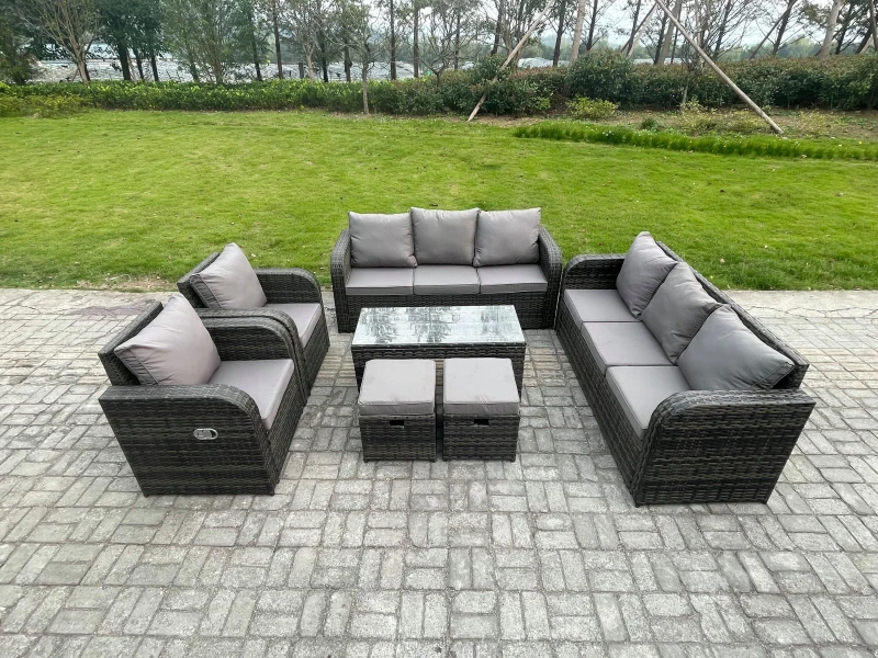 Image of Fimous Patio Garden Furniture Sets Wicker 10 Seater Outdoor Rattan Furniture Sofa Sets with Rectangular Coffee Table Reclining Chair Footstools Dark G