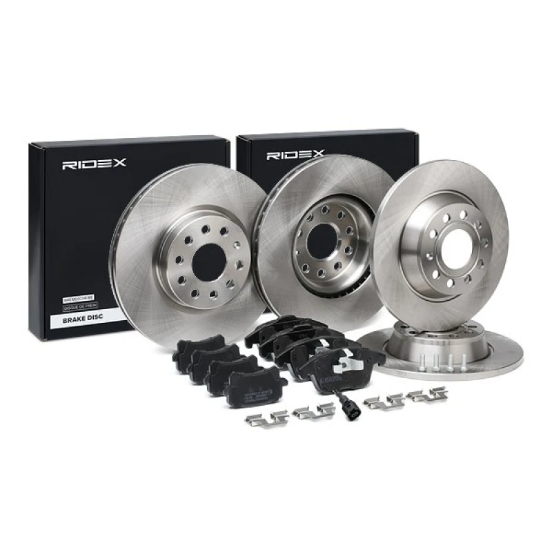 Image of RIDEX 3405B1642 Brake disc and pads set Rear Axle, Brake Disc Type: Solid, excl. wear warning contact, with piston clip Brake Set,disc brakes (3405)