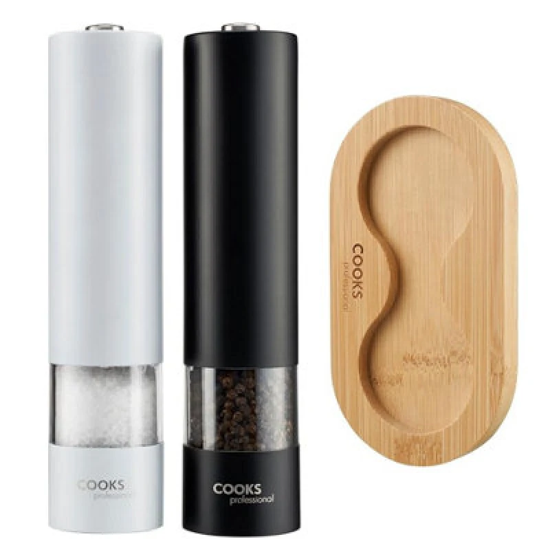 Image of Cooks Professional Electric Salt And Pepper Mill Set With Bamboo Stand - Automatic Seasoning Condiment Grinders - Black & White
