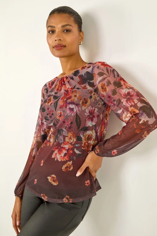 Image of Roman Womens Floral Print Mesh Top in Chocolate Size: 20 Chocolate Female 20