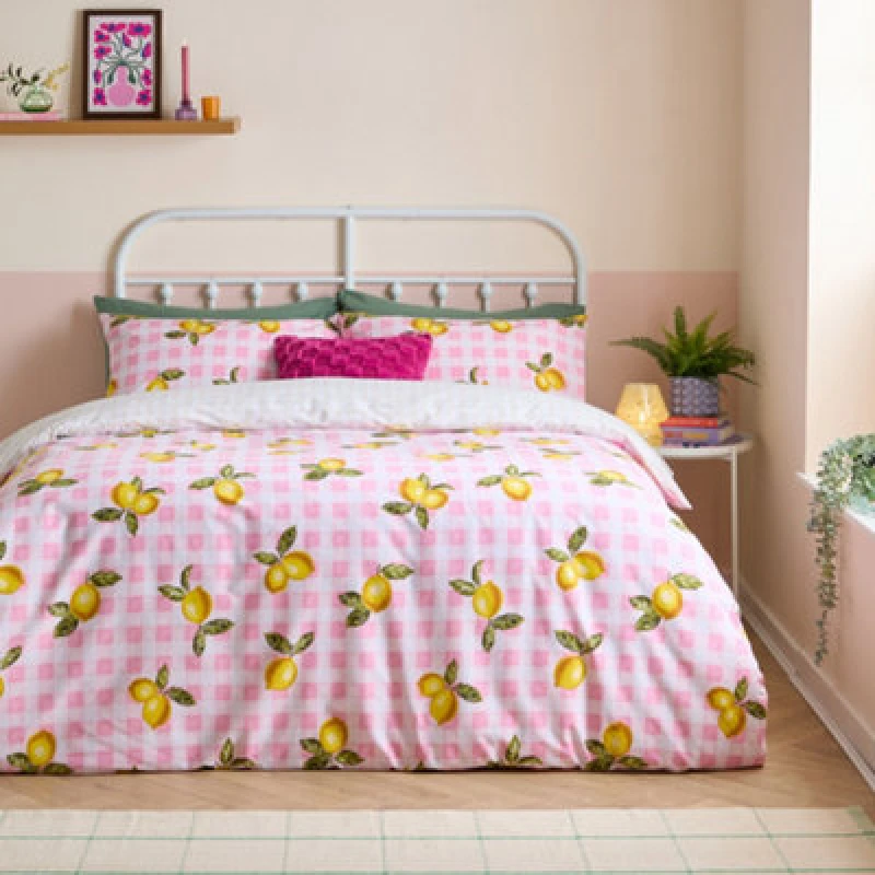Image of Heya Home Gingham Lemons Reversible Duvet Cover Set, Super King