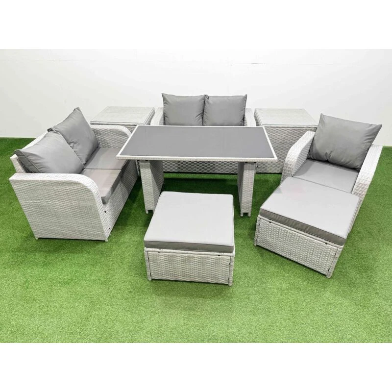 Image of Fimous Outdoor Furniture with 2 Side Tables, Love Sofa, 2 Big Stools 7 Seater in Light Grey Light Grey Unisex
