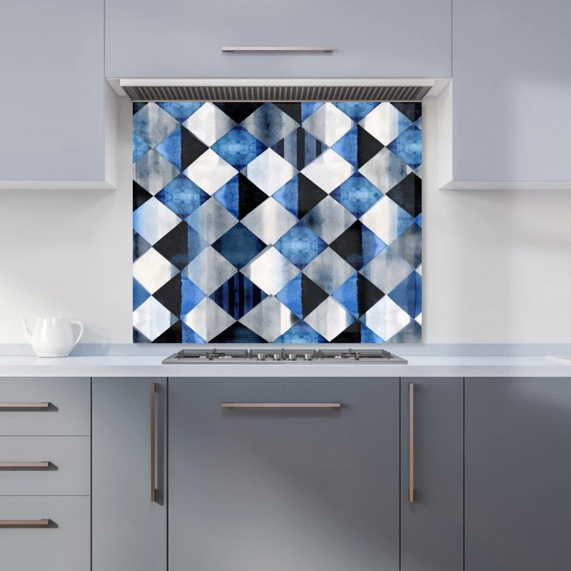 Image of Warren Reed - Designer Square Checkered Pattern Kitchen Splashback in Blue Size: 700mm x 650mm Blue Unisex 700mm x 650mm