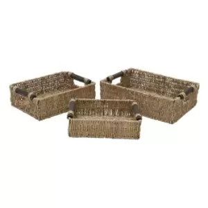 image of Jvl Seagrass Set Of 3 Rectangular Storage Baskets With Wooden Handles