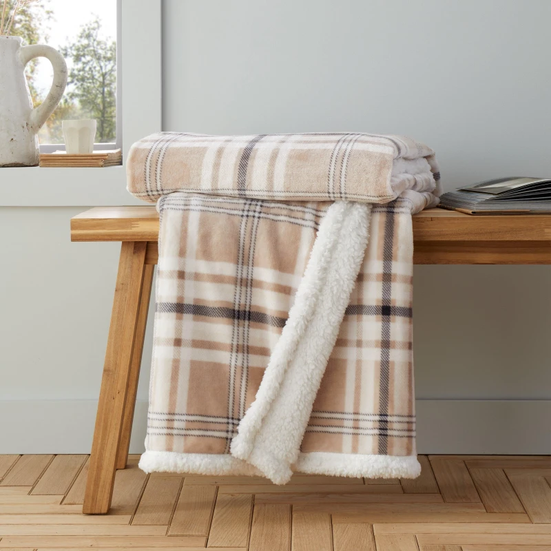 Image of Catherine Lansfield Cosy Kelso Check Blanket Throw - Beige Beige One Size