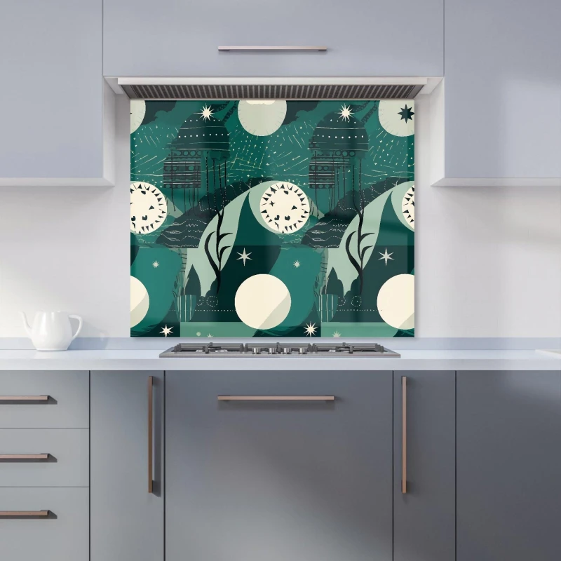 Image of Warren Reed - Designer Abstact Green Cream Moon & Stars Kitchen Splashback Size: 600mm x 750mm Green Unisex 600mm x 750mm