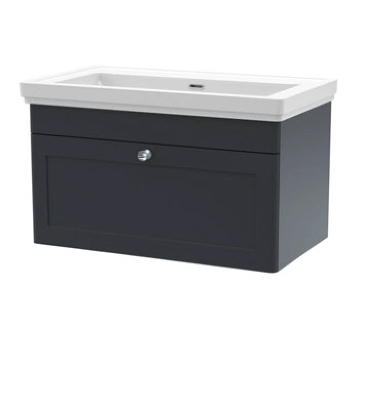 Image of Nuie Classique Wall Hung 1 Drawer Vanity Unit Without Tap Hole Fireclay Basin, Stylish Sink Vanity Unit In Soft Black