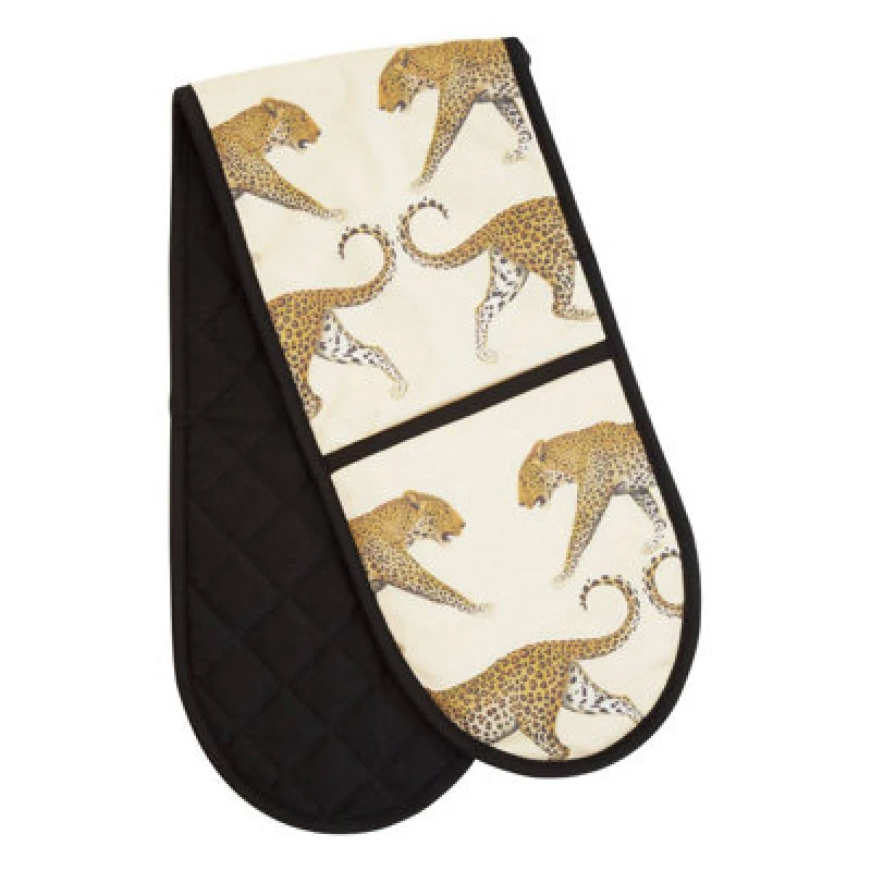 Image of Orsina Double Oven Glove, Quilted Heat-Resistant Fabric With Monochrome Leopard Print, Safely Handles Hot Cookware