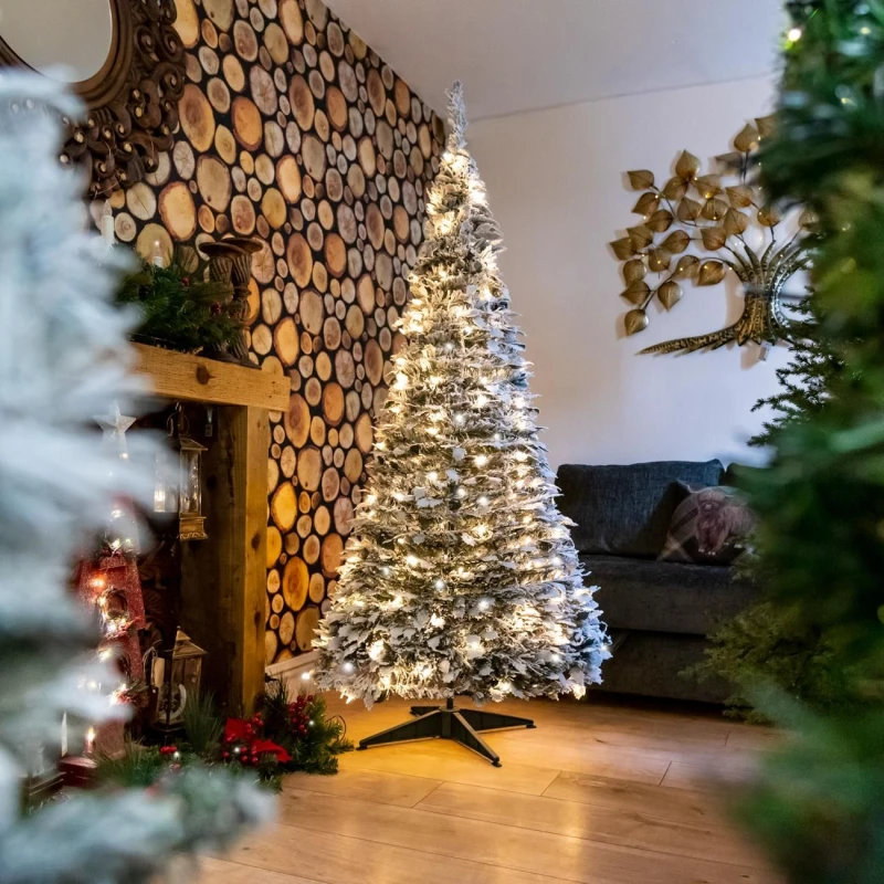 Image of Shatchi Christmas Prelit Holly Snow White Flock Pop up Tree Xmas Home Indoor LED Warm Lights Decorations Size: 5ft White Unisex 5ft