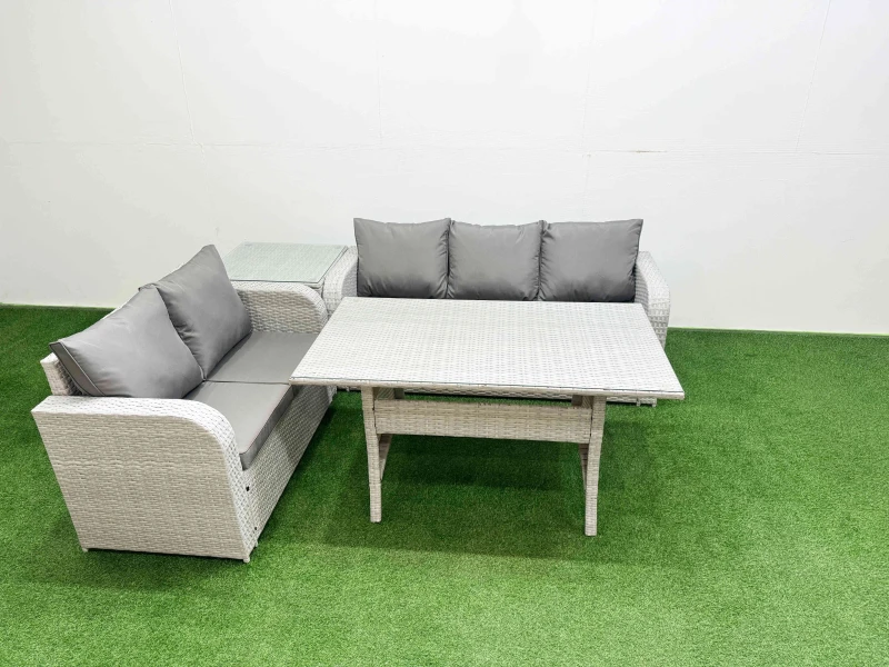 Image of Fimous 5 Seater PE Rattan Wicker Garden Furniture Patio Conservatory Sofa Set with Rectangular Dining Table 3 Seater Sofa Love Sofa Side Table Light G