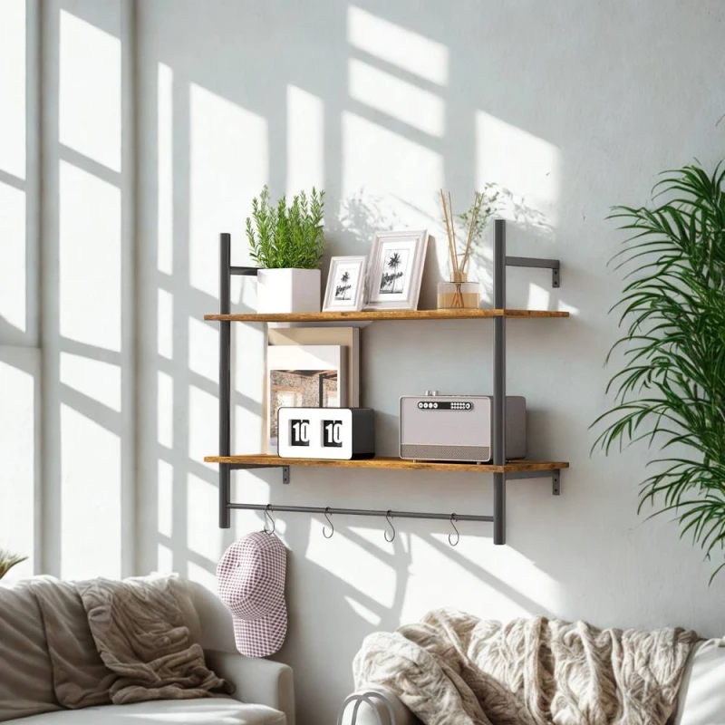 Image of FURNOS 2 Tier Wall Mounted Floating Shelf With Hanging Rail & Hooks in Brown Brown Unisex