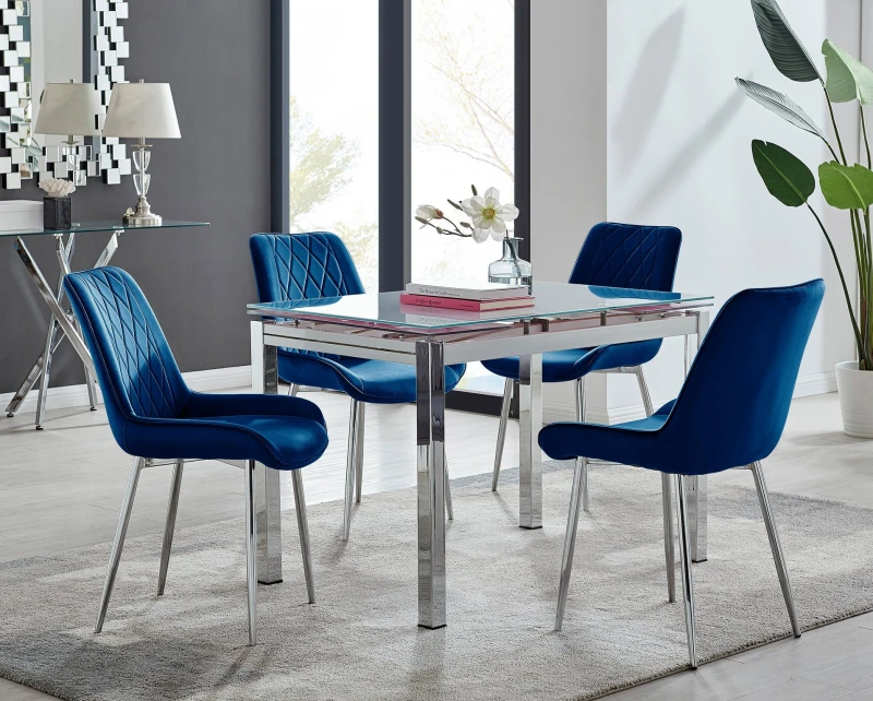 Image of FurnitureboxUK FurnitureboxUK Enna White Glass Extending 4-6 Seater Dining Table and 4 Pesaro Soft Velvet Chairs in Navy Navy One Size Unisex 50565426
