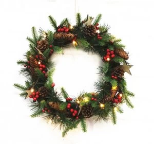 image of Robert Dyas Pre-Lit Rattan Berry and Cone Wreath - Battery Operated