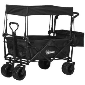 image of Outsunny Folding Trolley Cart Storage Wagon Beach Trailer 4 Wheels with Handle Overhead Canopy Cart Push Pull for Camping, Black