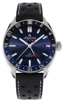 image of Alpina Alpiner Quartz GMT Blue Dial Black Leather Strap Watch