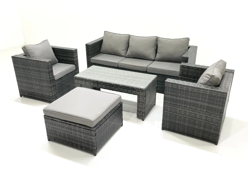 Image of Fimous Rattan Garden Furniture Set Outdoor Lounger Sofa with Coffee Table 2 Armchair Big Footstool Dark Grey Mixed Dark Grey