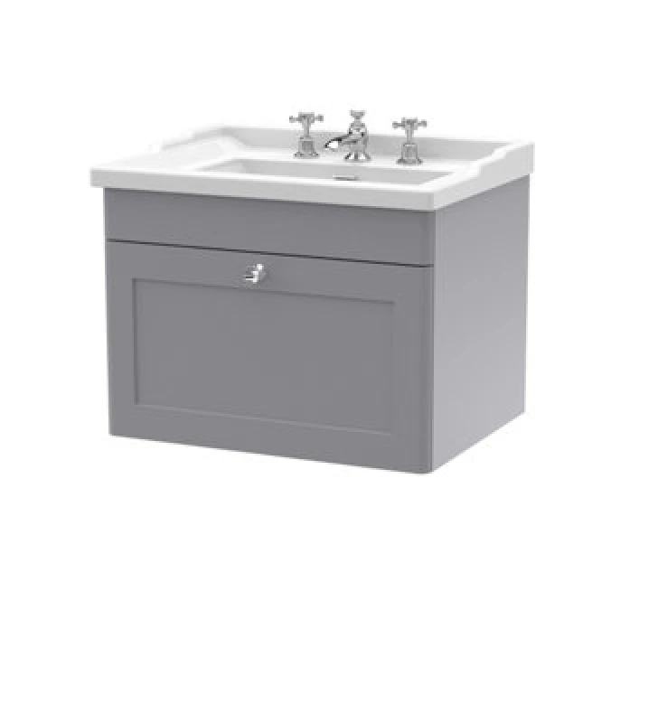 Image of NUIE Classique Wall Hung 1-Drawer Vanity Unit with Traditional Basin 600mm Wide Satin Grey - 3 Tap Hole - Nuie CLC294G