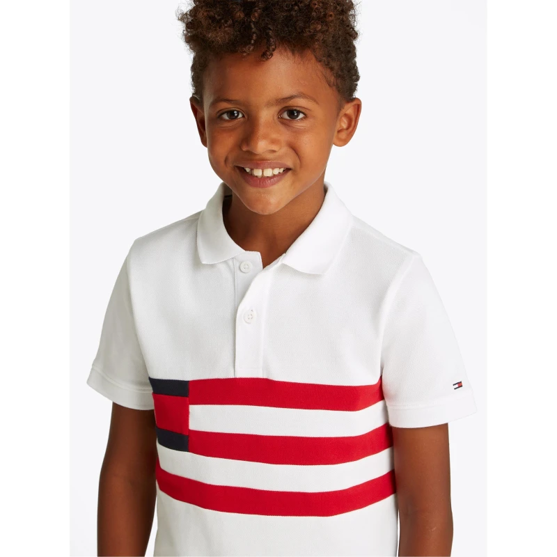 Image of Tommy Hilfiger Kids Flag Colour Block Short Sleeve Polo Shirt White YAF male 8Y