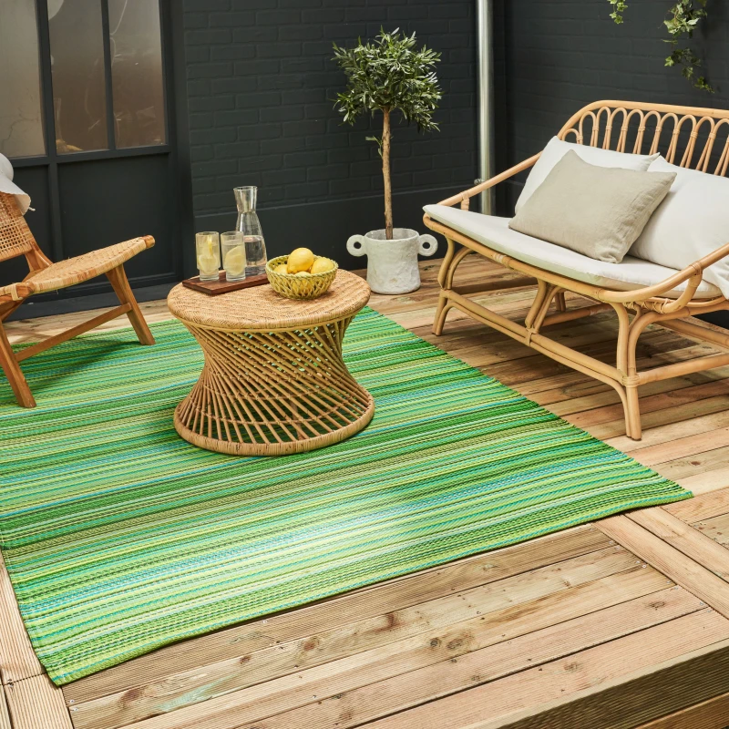 Image of THE RUGS Waterproof Plastic Outdoor Rugs for Garden Patio Balcony Camping - Striped - Rainbow 1020 Green Size: 180cm x 270cm Green Unisex 180cm x