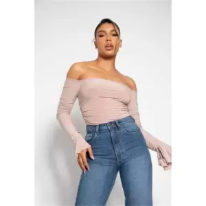 Image of I Saw It First Nude Ruched Sleeve Bodysuit - Brown