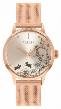 image of Radley Womens Rose Gold Mesh Bracelet Silver Floral Dial Watch