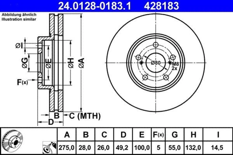 Image of ATE 24.0128-0183.1 Brake disc Vented, Coated Brake Disc (82)