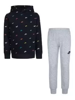 Image of Nike Kids Boys AOP Club Seasonal Overhead Hoody and Jogger Set, Black, Size 3-4 Years