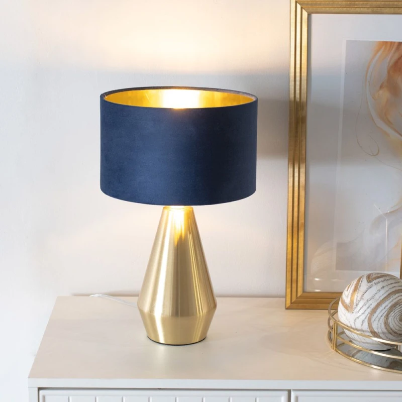 Image of ValueLights ValueLights Jax Gold Dimmable Touch Table Lamp with Velvet Drum & Gold Inner Shade & Bulb in Dark Navy Dark Navy One Size Unisex 505940606