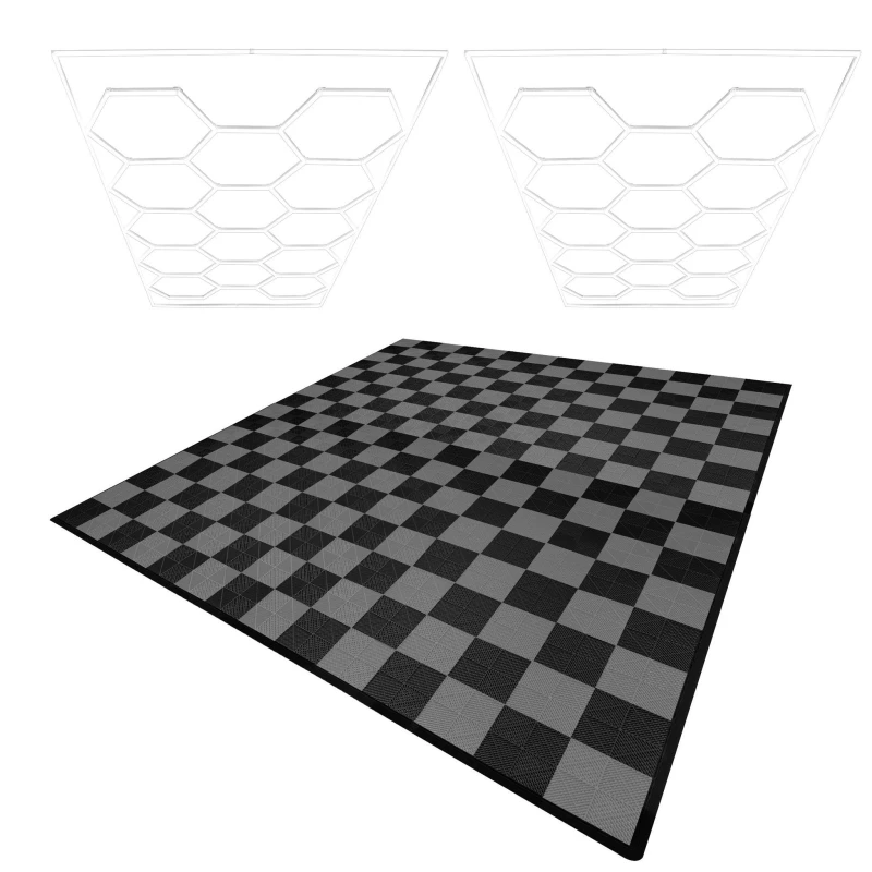 Image of Monstershop Hexagon LED Lights x 2 & Vented Garage Floor Tiles With Edges - 120 Black & 120 Grey Black