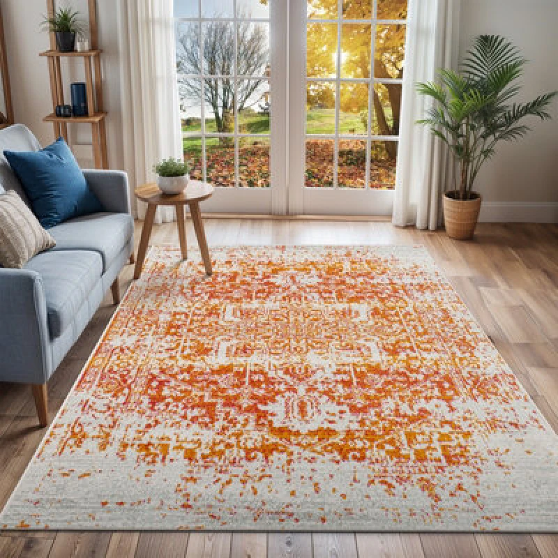 Image of Livabliss Vintage Oriental Boho Orange/white Juliette Area Rug 200 X 275cm - Easy Care, Non Shedding, Ideal For Living Room & Bedroom