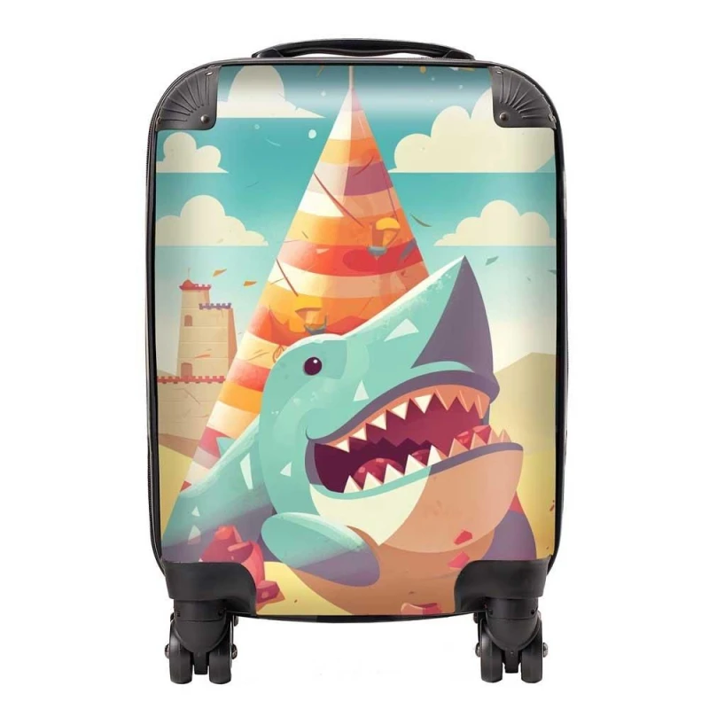 Image of Warren Reed - Designer Shark On A Beach Holiday Suitcase in Yellow Size: Small Yellow Unisex Small