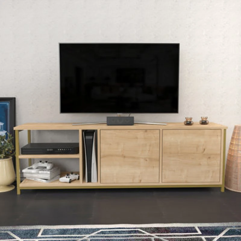 Image of DECOROTIKA Primrose 160 Cm tv Stand tv Unit tv Cabinet Storage With Two Cabinets And Shelves - Gold And Oak - Decorotika OTVS3070