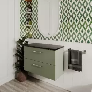 image of Arno Wall Hung 2-Drawer Vanity Unit with Sparkling Black Worktop 800mm Wide - Satin Reed Green - Nuie