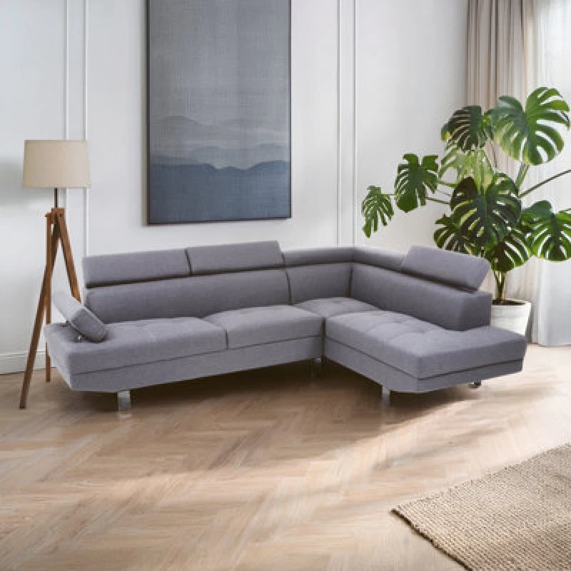 Image of Orsina Refined Grey Linen Corner Sofa, Linen Upholstered Mid Century Sofa, Contemporary Sofa For Livingroom
