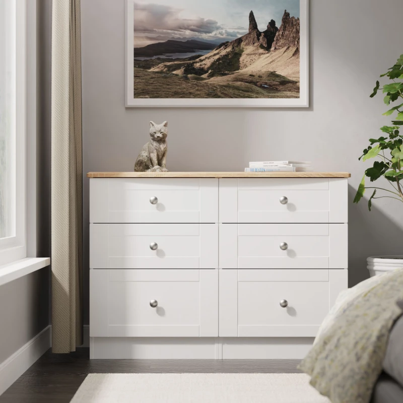Image of Welcome Furniture Ready Assembled Sussex 6 Drawer Midi Chest In White Ash & Bardolino Oak, White SUS015WABO