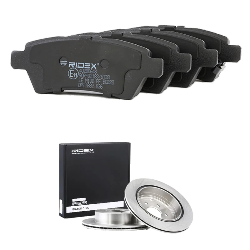 Image of RIDEX 3405B1865 Brake disc and pads set Rear Axle, Brake Disc Type: internally vented, with acoustic wear warning Brake Set,disc brakes (3405)