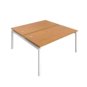 image of Telescopic 8 Person Bench Desk with Cable Port and White Frame - 1600mm - Nova Oak