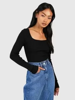 Image of Boohoo Square Neck Knitted Bodysuit - Black, Size 10, Women